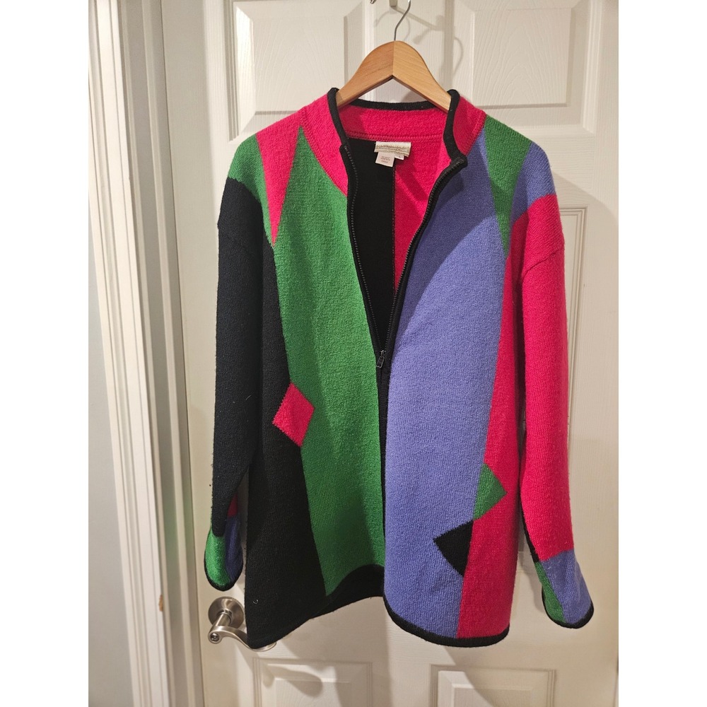 Coldwater Creek 100% Wool Zip Cardigan Sweater Women Large Colorblock Geometric‎ - Picture 4 of 5